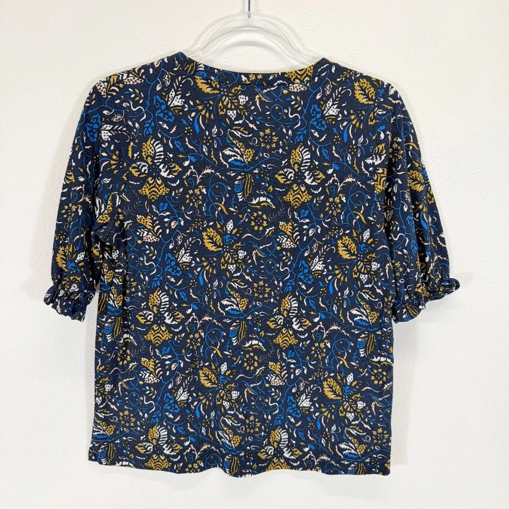 Loft NWT Floral Paisley Puff Ruffle Sleeve 100% Cotton Top Navy Blue Size Small